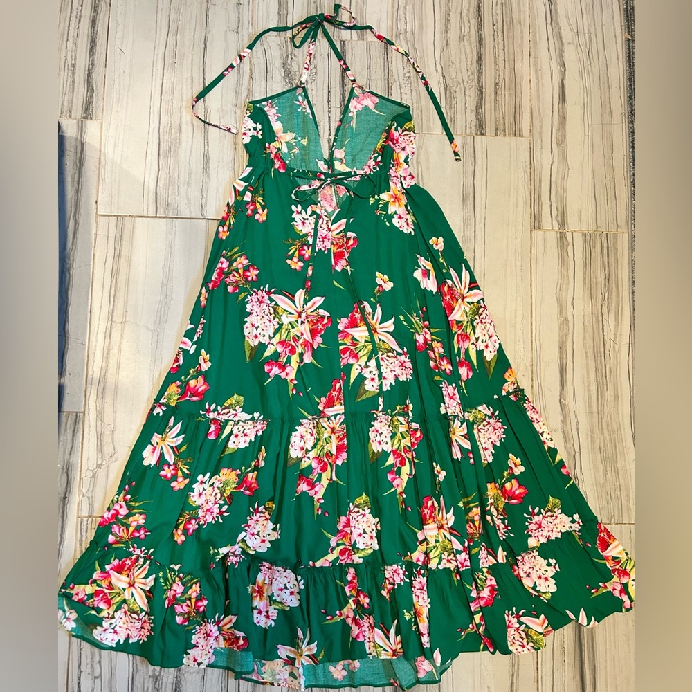 NWOT Green Floral Print Deep V Halter Maxi Dress Size Medium - Picture 4 of 16